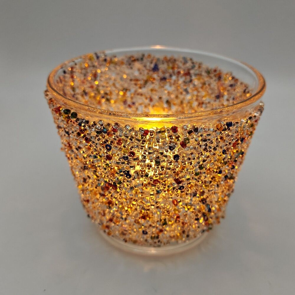 Colorful Seed Bead Encrusted Glass Votive Tea Light Candle Holder